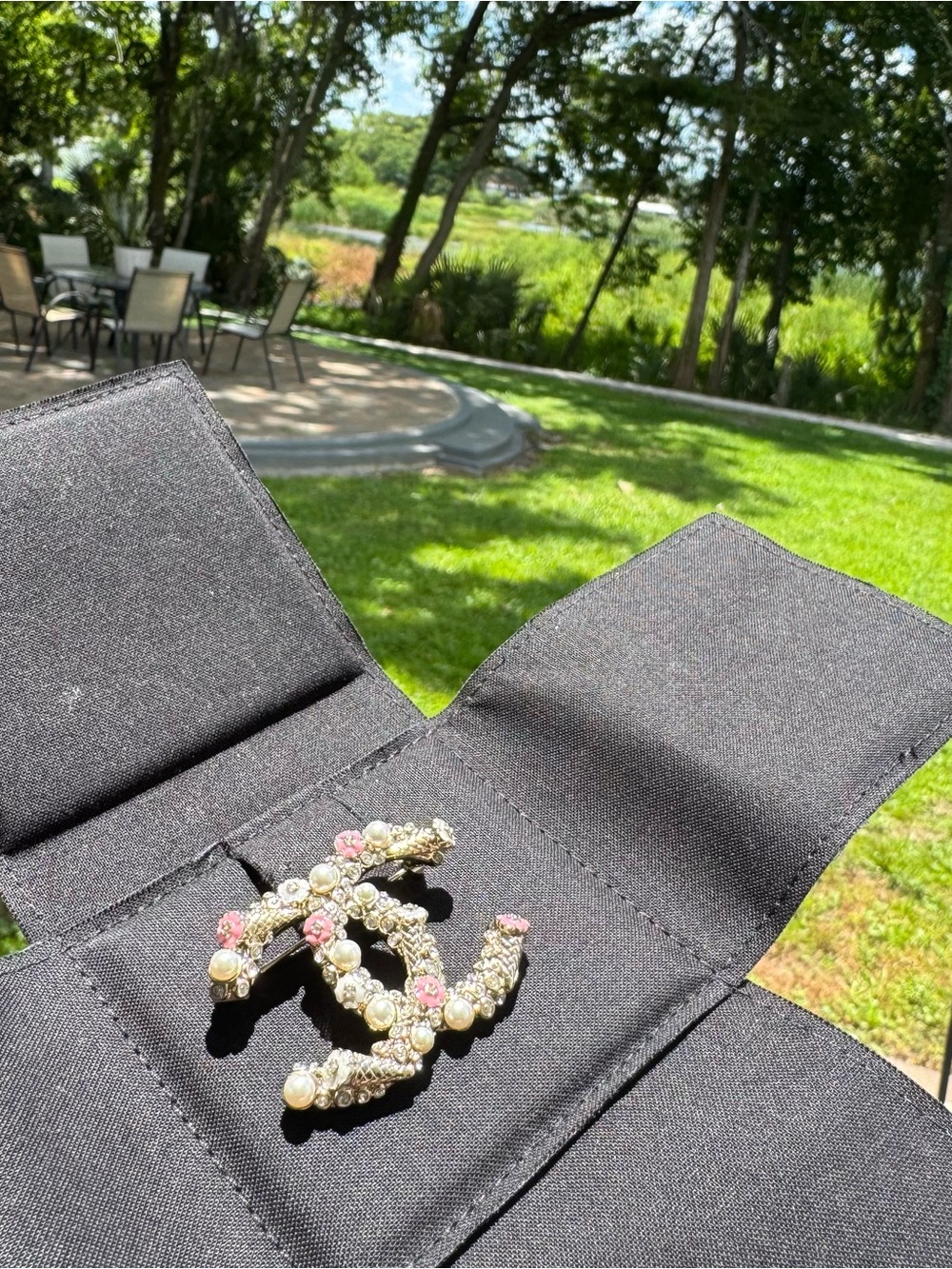 CHANEL Pearl, Crystal & Pink Accent Double C Brooch - Gold Tone